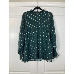 Lane Bryant Mock Neck Blouse Womens 20 Green Gold Dots Ruffled Sheer Sleeves